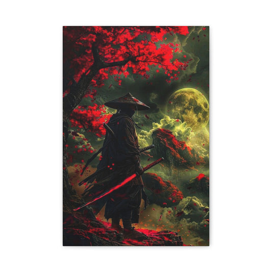 Samurai Warrior Canvas Wall Art – Epic Moonlit Scene with Red Maple Leaves