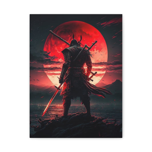 Samurai Warrior Wall Art – Epic Red Moon Canvas Print for Japanese Decor 12" x 18"