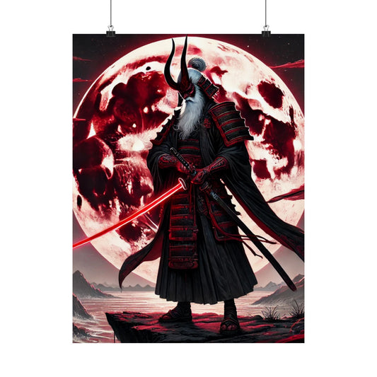 Elder Samurai Poster – Dark Fantasy Wall Art with Red Moon and Blade for Anime Lovers